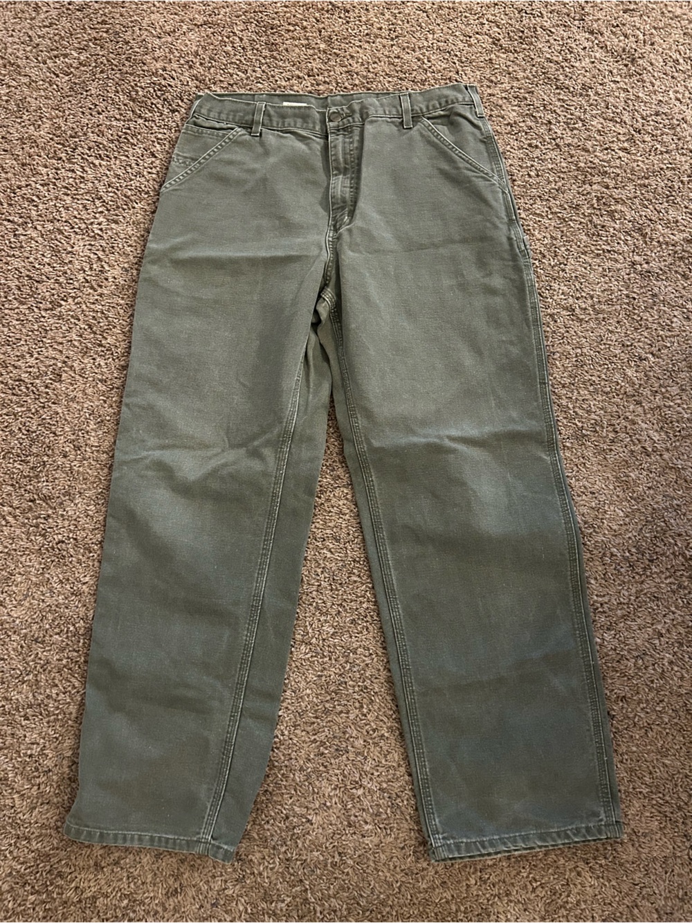 VTG Carhartt B11 MOS Green Workwear Dungaree Fit Carpenter Jeans Size 36x32 - Picture 2 of 4